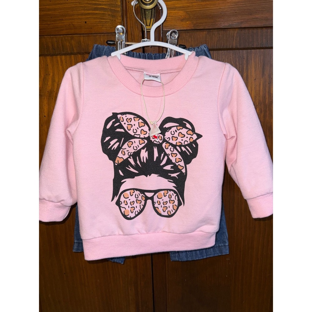 PatPat Baby Girl 2pc Set Pink Leopard Messy Bun Sweatshirt Distressed Jeans 3-6M